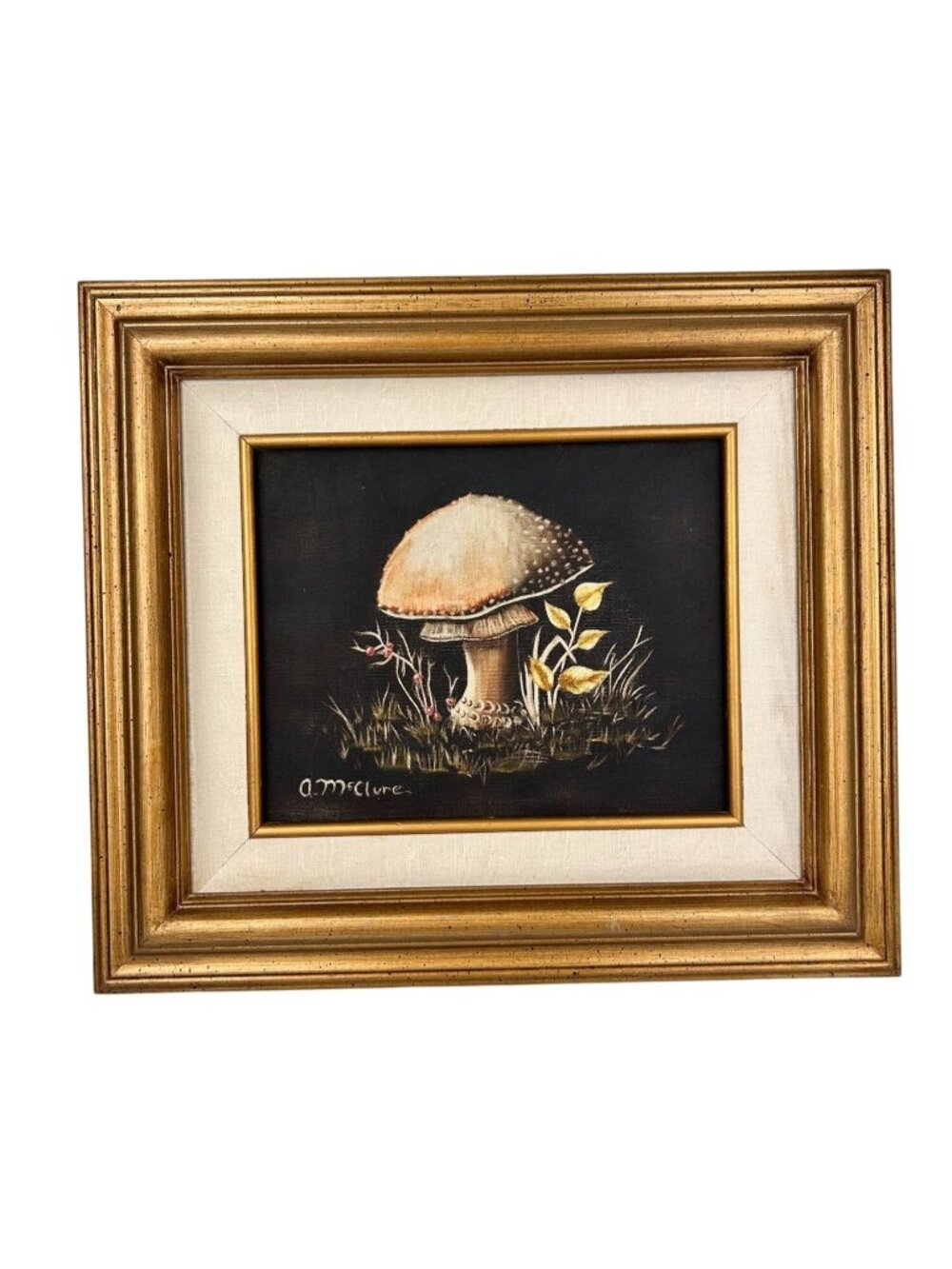 Artist Signed Mushroom Painting Framed Gold Black Dark Academia VTG A McClure